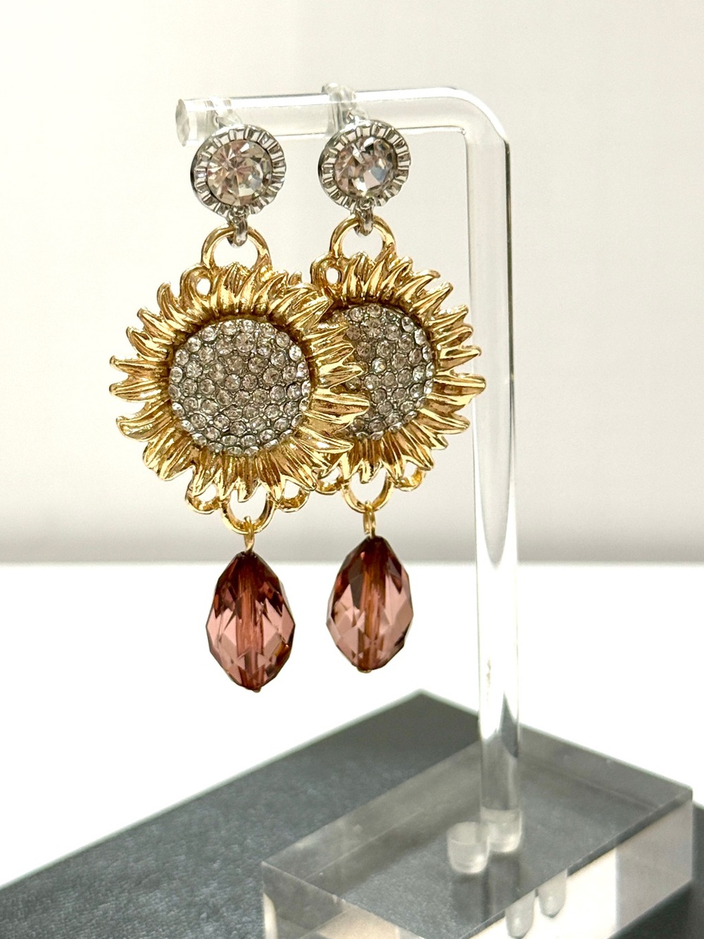 Sunflower Pavé Gold Tone Pink Drop Statement Earrings NWT